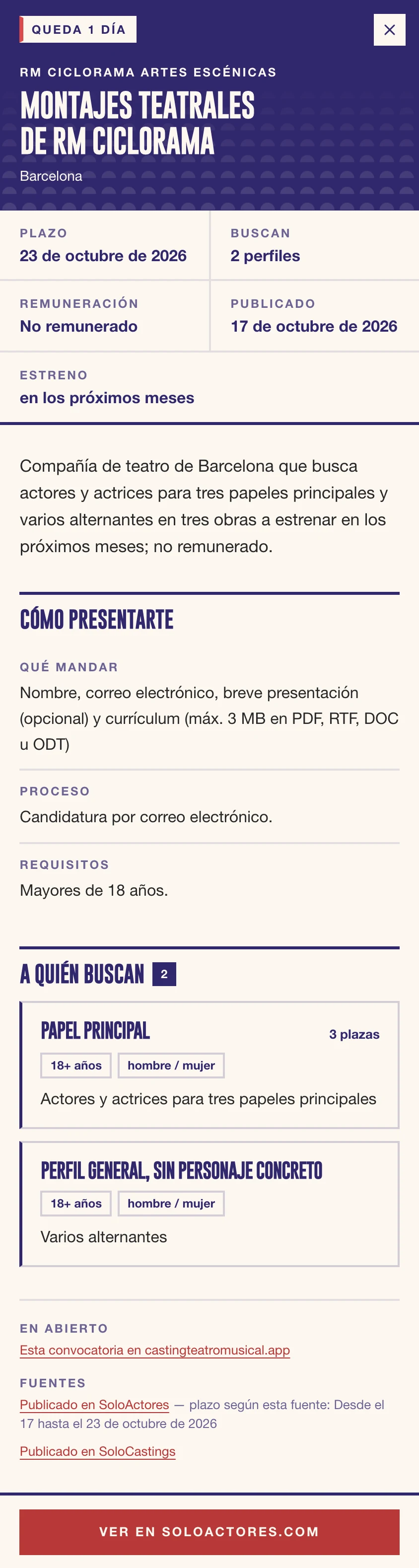 La ficha de una convocatoria en CastRadar: plazo, perfiles que buscan, cómo presentarte y sus fuentes