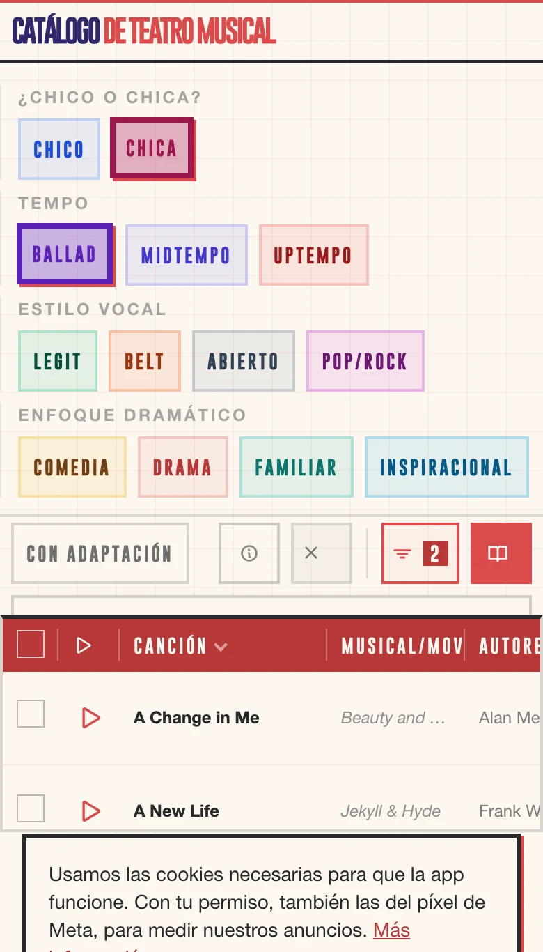 Los filtros del catálogo de CITEM en el móvil: chico o chica, tempo, estilo vocal y enfoque dramático