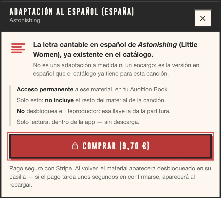 La adaptación al español de Astonishing en CITEM: la letra cantable, ya existente en el catálogo, con su precio