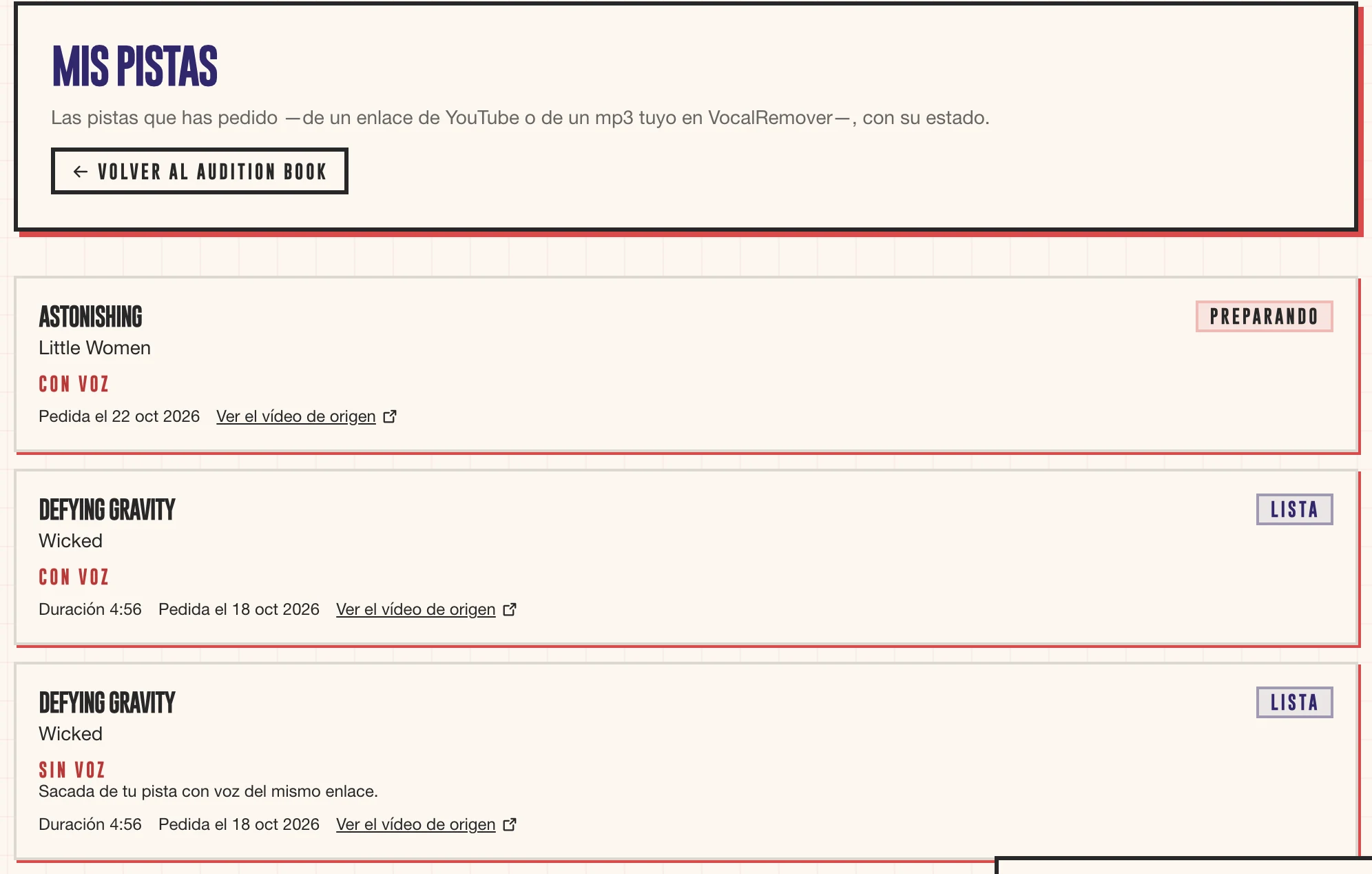 Mis pistas en el Audition Book de CITEM: las pistas de cada canción, con y sin voz, y su estado