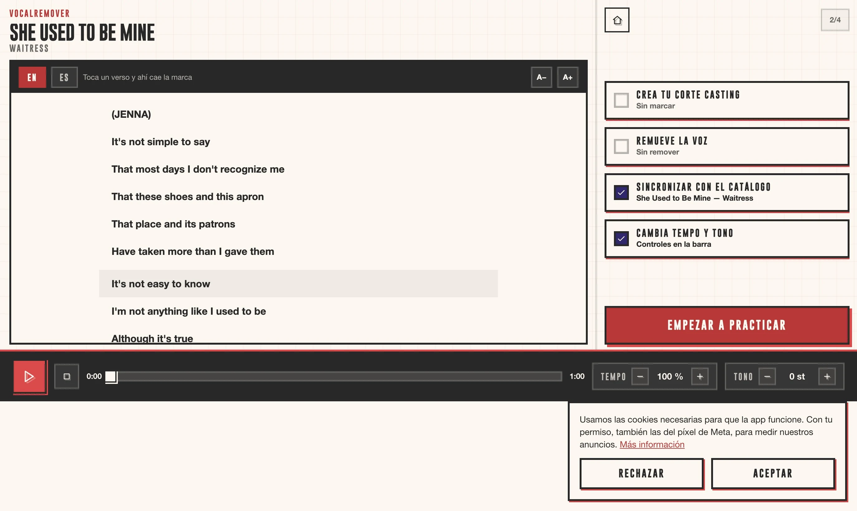 VocalRemover en CITEM: la letra de la canción, el paso «Crea tu corte casting» y el tempo y el tono en la barra