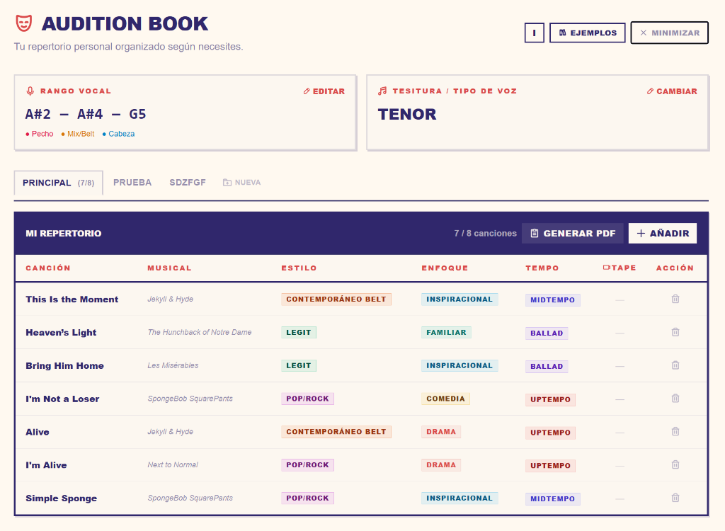 Vista del Audition Book personal — pestañas de repertorio, rango vocal y botón Generar PDF